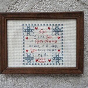 Cross Stitch Picture for Aunt Blessing Framed Vintage 5.5" x 7.75" Hearts